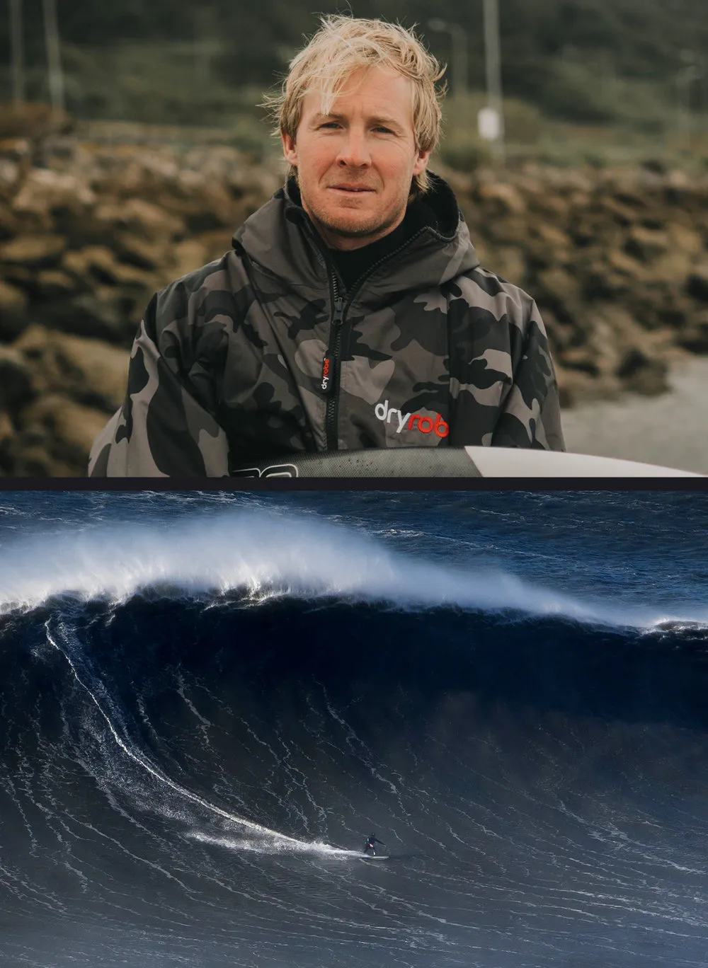 Collage featuring a close up of Andrew Cotton and him surfing a large wave