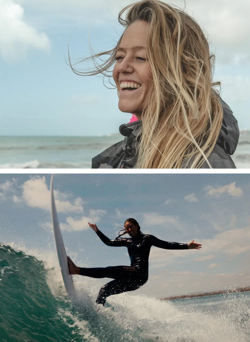 Collage of Camilla Kemp, professional female surfer wearing black camo Dryrobe