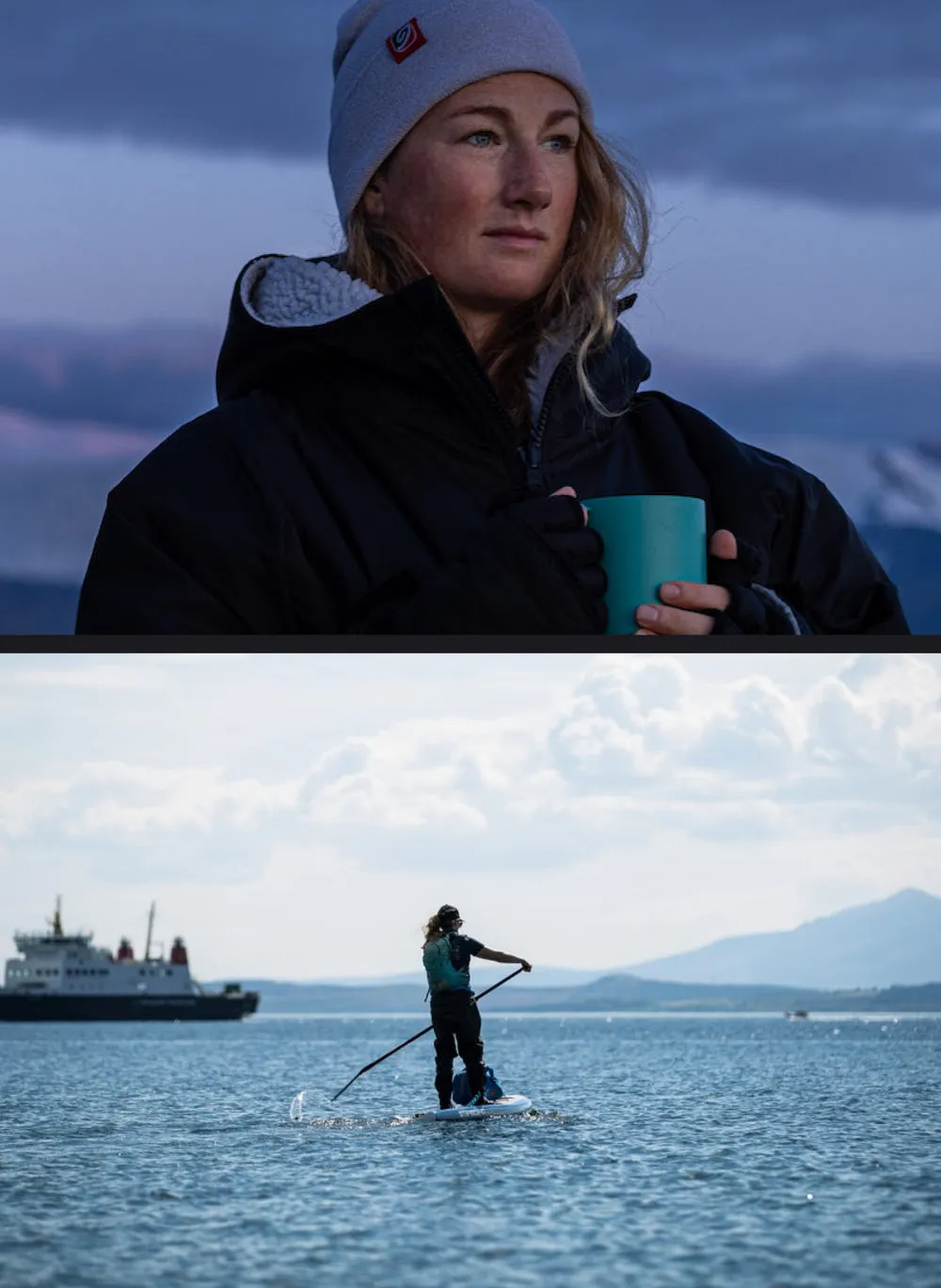 Collage featuring a close up of Cal Major and her paddling a stand up paddleboard