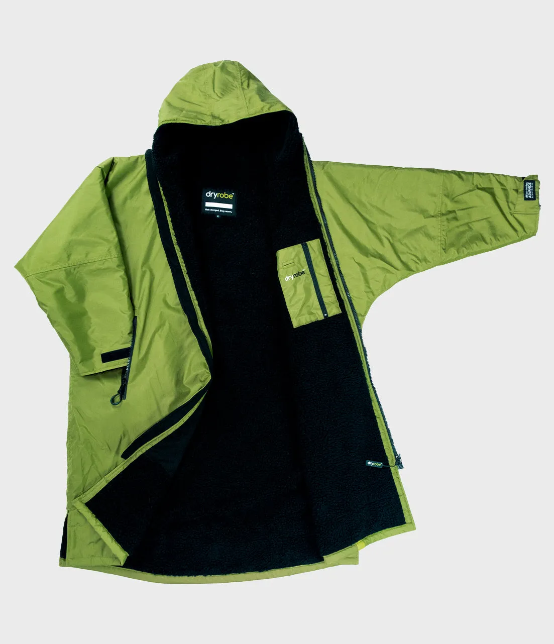 Forest Green Black Advance changing robe laid open, black fleece lining
