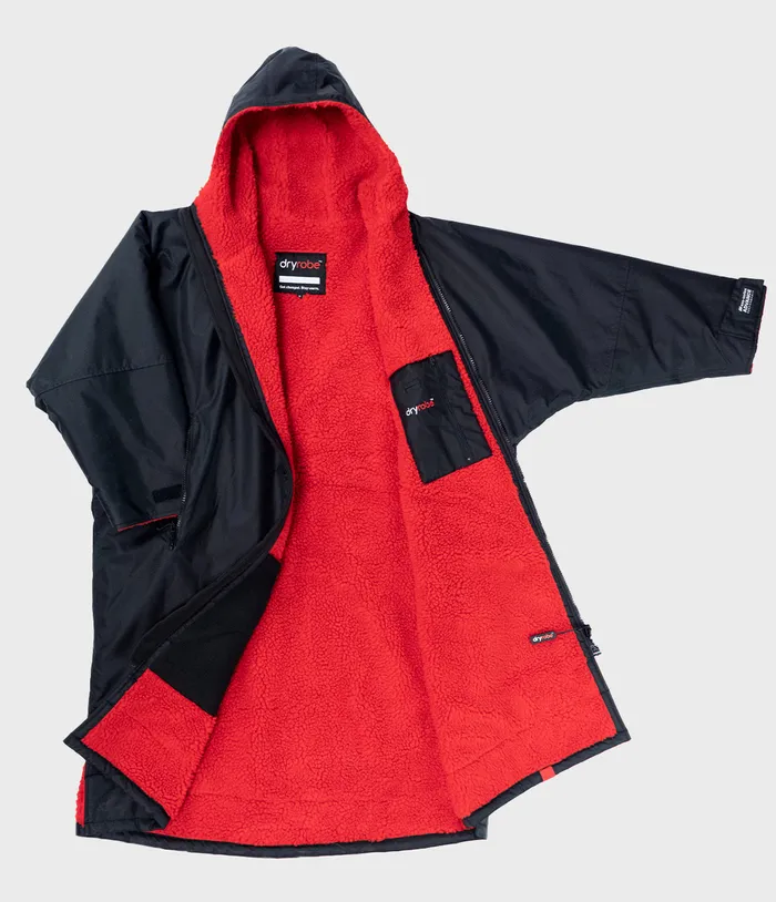 Black Red Advance changing robe laid open, red fleece lining