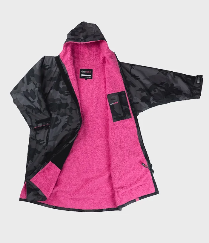 Black Camouflage Pink Advance changing robe laid open, pink fleece lining