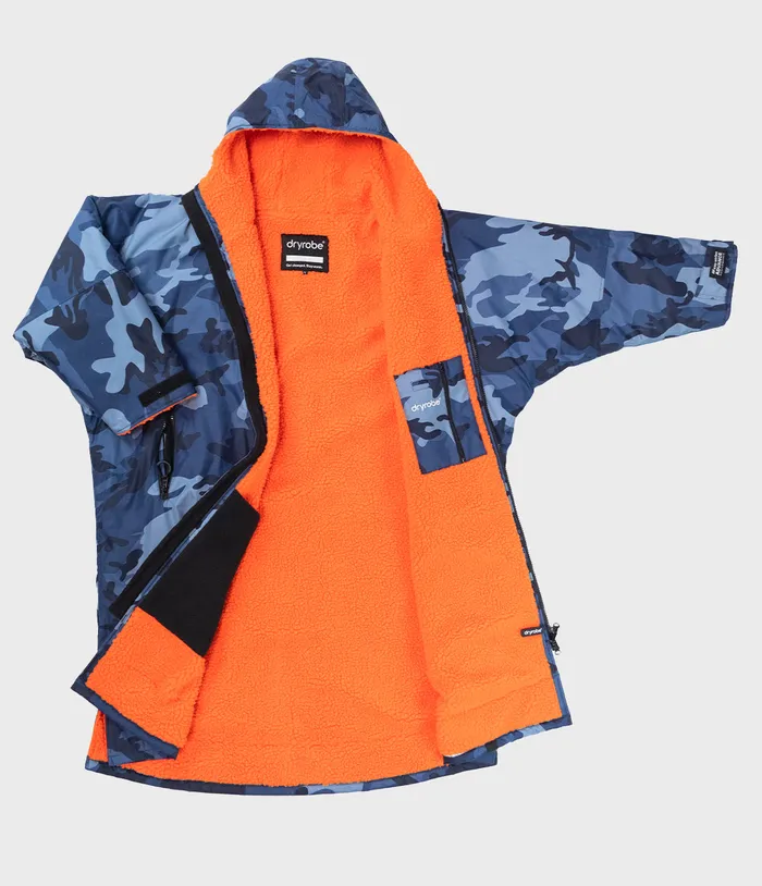 Blue Camo Orange Advance kids robe laid open, orange fleece lining